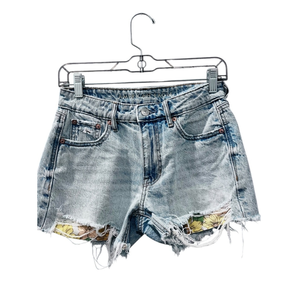 American Eagle Groovy Floral Pocket Denim Jean Shorts Size 00 Distressed Casual